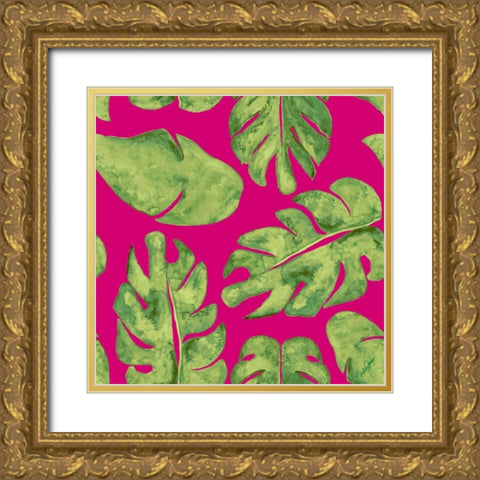 Leaves On Pink Gold Ornate Wood Framed Art Print with Double Matting by Papa, Kat
