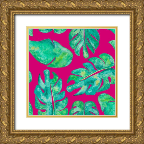 Aqua Leaves On Pink Gold Ornate Wood Framed Art Print with Double Matting by Papa, Kat