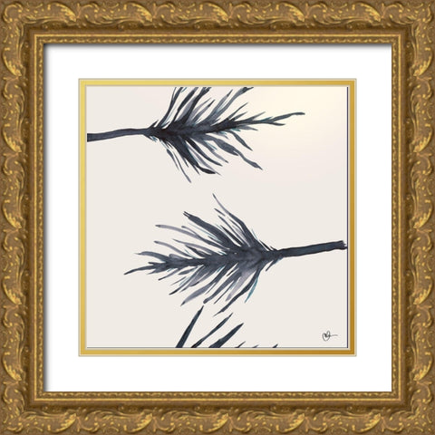 Blue Serenity Leaves Gold Ornate Wood Framed Art Print with Double Matting by Papa, Kat