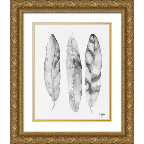 Three Feathers Black and White Gold Ornate Wood Framed Art Print with Double Matting by James, Nola