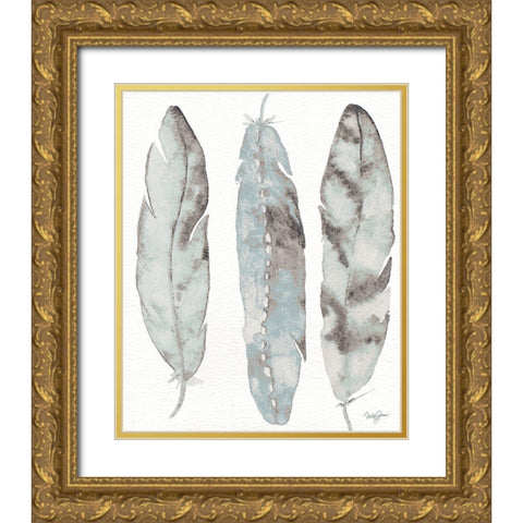 Three Blue Feathers Gold Ornate Wood Framed Art Print with Double Matting by James, Nola