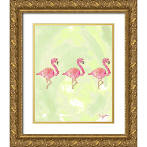 Origami Flamingo Flock Gold Ornate Wood Framed Art Print with Double Matting by James, Nola
