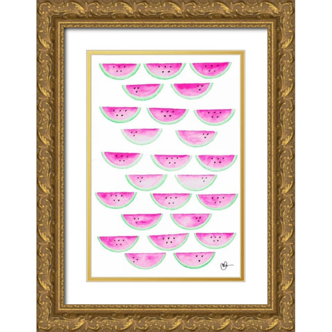 Watercolor Watermelons Gold Ornate Wood Framed Art Print with Double Matting by Papa, Kat