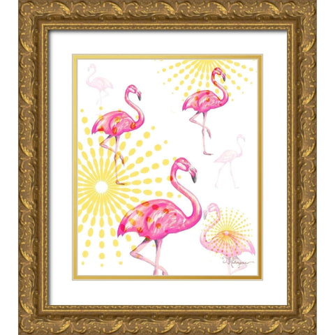 Fashion Flamingos Burst I Gold Ornate Wood Framed Art Print with Double Matting by Hakimipour, Tiffany