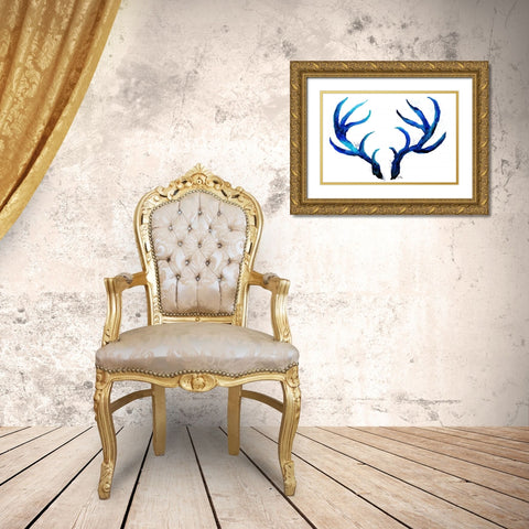 Blue Antlers Gold Ornate Wood Framed Art Print with Double Matting by Medley, Elizabeth