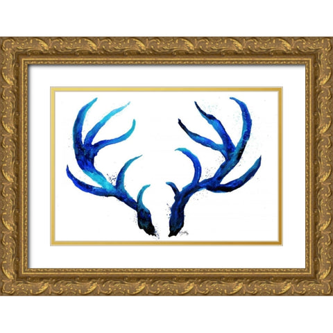 Blue Antlers Gold Ornate Wood Framed Art Print with Double Matting by Medley, Elizabeth