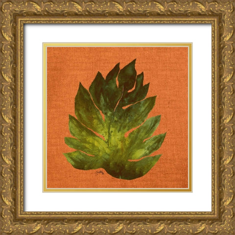 Leaf on Teal Burlap Gold Ornate Wood Framed Art Print with Double Matting by Medley, Elizabeth