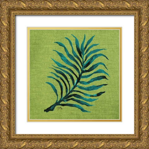 Leaf on Green Burlap Gold Ornate Wood Framed Art Print with Double Matting by Medley, Elizabeth