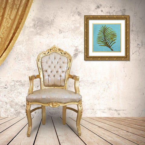 Leaf on Teal Burlap Gold Ornate Wood Framed Art Print with Double Matting by Medley, Elizabeth