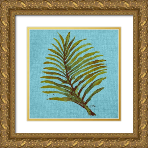 Leaf on Teal Burlap Gold Ornate Wood Framed Art Print with Double Matting by Medley, Elizabeth