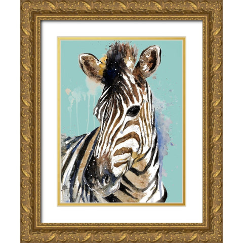 Zebra On Teal Gold Ornate Wood Framed Art Print with Double Matting by Pinto, Patricia