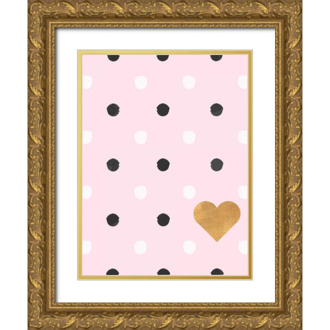Heart White and Black Dots on Pink Gold Ornate Wood Framed Art Print with Double Matting by SD Graphics Studio