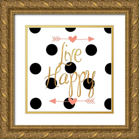 Live Happy Gold Ornate Wood Framed Art Print with Double Matting by SD Graphics Studio
