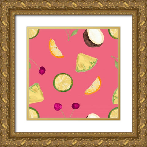 Cherries Pattern on Pink Gold Ornate Wood Framed Art Print with Double Matting by James, Nola