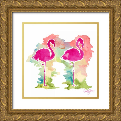 Sunset Flamingo Pair Gold Ornate Wood Framed Art Print with Double Matting by James, Nola