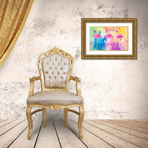Sunset Flamingo Color Flow Gold Ornate Wood Framed Art Print with Double Matting by James, Nola