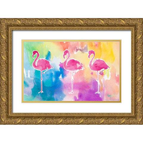 Sunset Flamingo Color Flow Gold Ornate Wood Framed Art Print with Double Matting by James, Nola