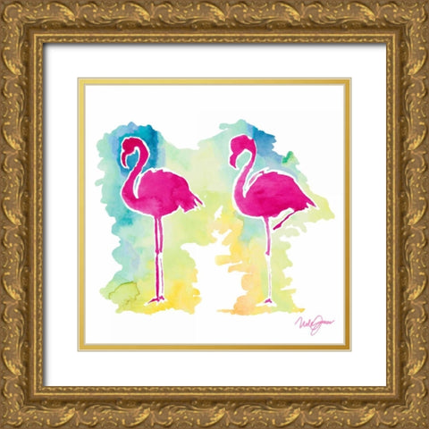 Sunset Flamingo Gold Ornate Wood Framed Art Print with Double Matting by James, Nola