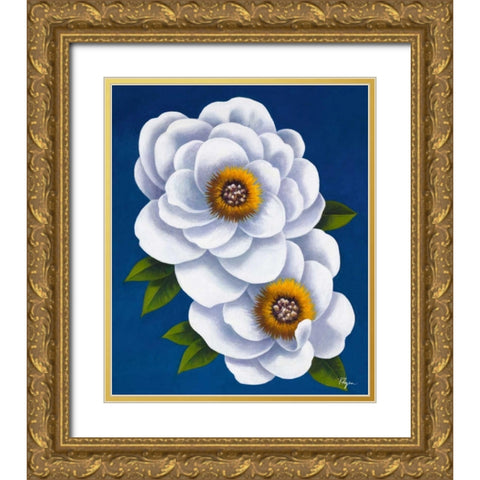 White Flowers on Blue I Gold Ornate Wood Framed Art Print with Double Matting by Rhyan, Vivien