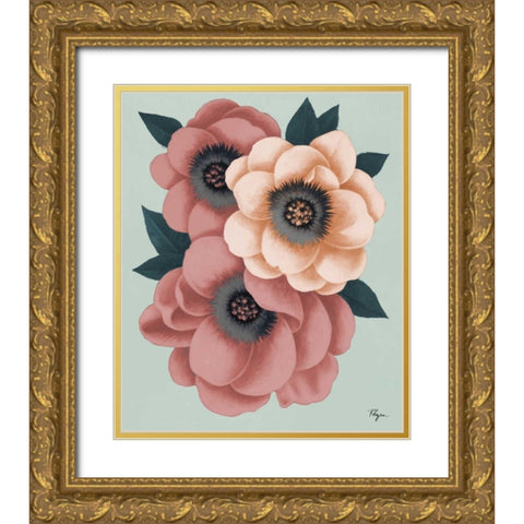 Pink Flowers on Mint I Gold Ornate Wood Framed Art Print with Double Matting by Rhyan, Vivien