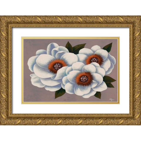 Three White Flowers Gold Ornate Wood Framed Art Print with Double Matting by Rhyan, Vivien