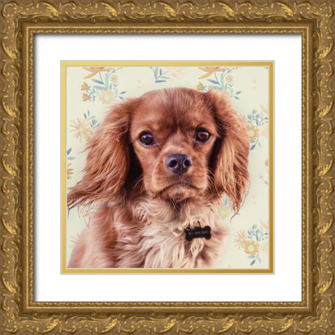 Florals and Spaniels Gold Ornate Wood Framed Art Print with Double Matting by Josefina