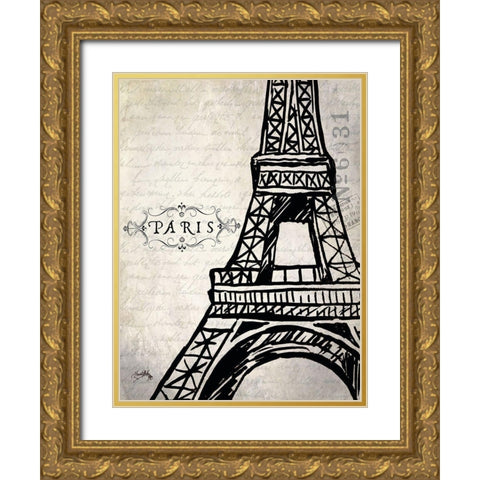 Paris Eiffel Gold Ornate Wood Framed Art Print with Double Matting by Medley, Elizabeth