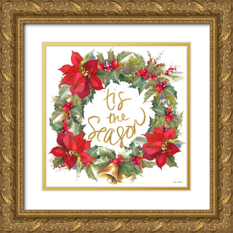 Tis The Season Holiday Wreath Gold Ornate Wood Framed Art Print with Double Matting by Loreth, Lanie