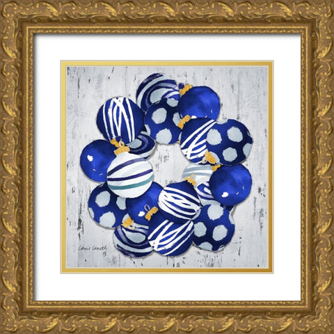 Blue Christmas Ornaments Gold Ornate Wood Framed Art Print with Double Matting by Loreth, Lanie
