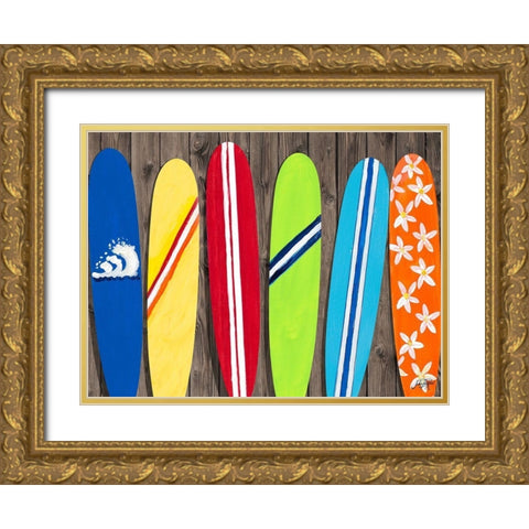 Surf Boards For Rent Gold Ornate Wood Framed Art Print with Double Matting by DeRice, Julie