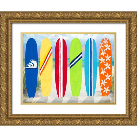 Surf Boards on the Beach Gold Ornate Wood Framed Art Print with Double Matting by DeRice, Julie