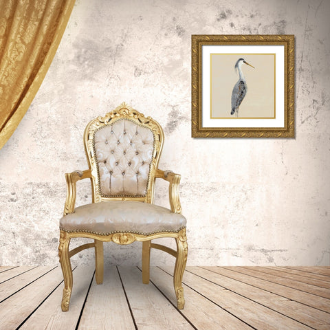 Heron on Tan I Gold Ornate Wood Framed Art Print with Double Matting by DeRice, Julie