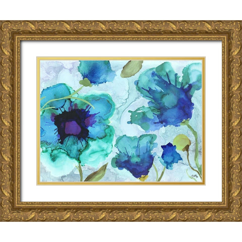 Aqua Poppies I Gold Ornate Wood Framed Art Print with Double Matting by Medley, Elizabeth