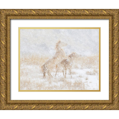 Snow Day For The Mustangs Gold Ornate Wood Framed Art Print with Double Matting by Walker, Carol