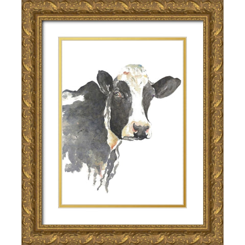 Watercolor Cow Gold Ornate Wood Framed Art Print with Double Matting by Pinto, Patricia