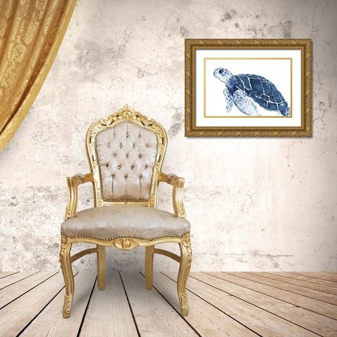 Turtle in the Blues Gold Ornate Wood Framed Art Print with Double Matting by Medley, Elizabeth