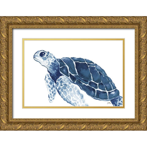 Turtle in the Blues Gold Ornate Wood Framed Art Print with Double Matting by Medley, Elizabeth