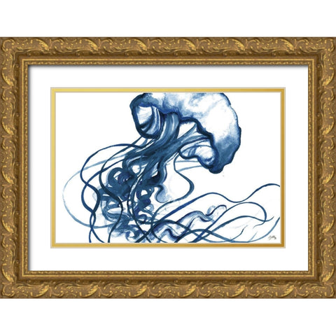 Jellyfish In The Blues Gold Ornate Wood Framed Art Print with Double Matting by Medley, Elizabeth