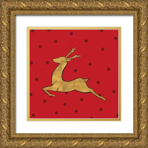 Golden Reindeer on Red Gold Ornate Wood Framed Art Print with Double Matting by Studio, Sd Graphics