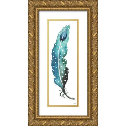 Dotted Blue Feather I Gold Ornate Wood Framed Art Print with Double Matting by Medley, Elizabeth