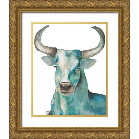 Teal Steer Gold Ornate Wood Framed Art Print with Double Matting by Medley, Elizabeth