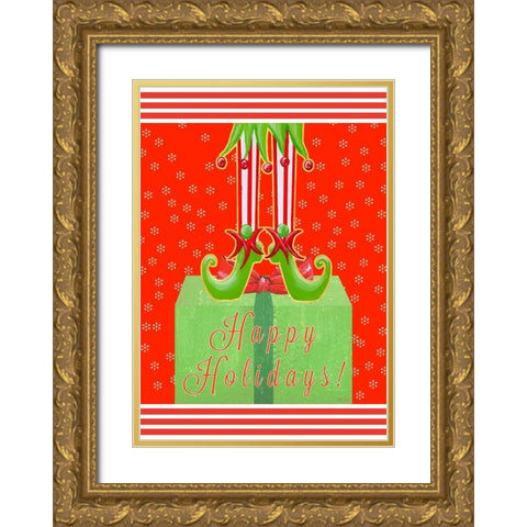 Happy Holidays Elf Gold Ornate Wood Framed Art Print with Double Matting by Ritter, Gina