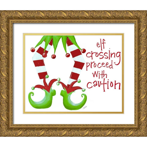 Elf Crossing Proceed With Caution Gold Ornate Wood Framed Art Print with Double Matting by Ritter, Gina