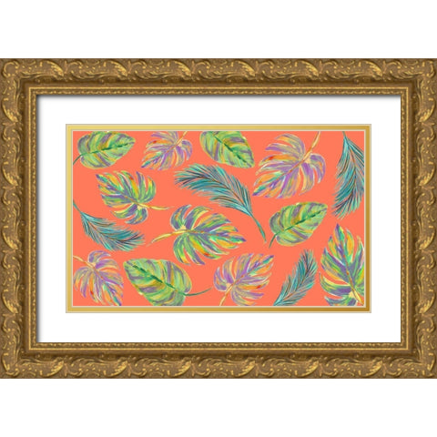 Colorful Leaves Scatter Pattern Gold Ornate Wood Framed Art Print with Double Matting by DeRice, Julie