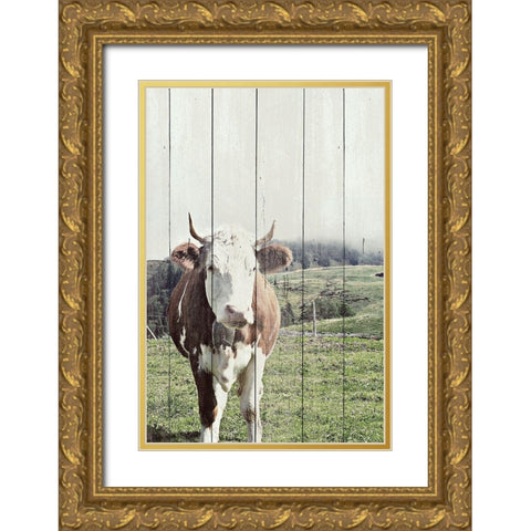Country Cow on Wood Gold Ornate Wood Framed Art Print with Double Matting by Hyler, JB