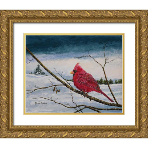 Cardinal In A Pastel Sky Gold Ornate Wood Framed Art Print with Double Matting by Redding, James