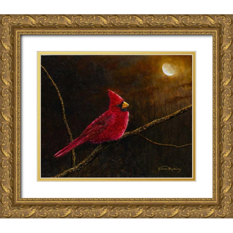 Cardinal In The Moonlight Gold Ornate Wood Framed Art Print with Double Matting by Redding, James