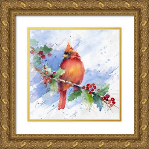 Cardinal on Holly Branch Gold Ornate Wood Framed Art Print with Double Matting by Loreth, Lanie