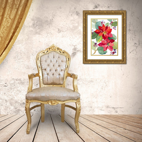 Berry Poinsettias Gold Ornate Wood Framed Art Print with Double Matting by Loreth, Lanie