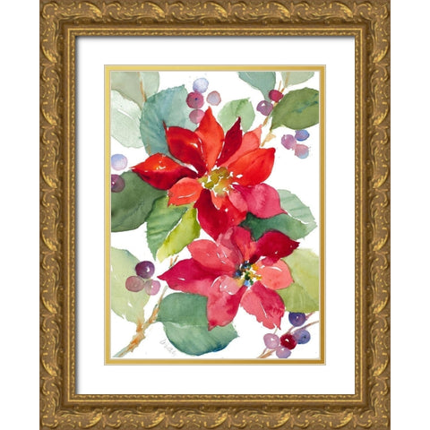Berry Poinsettias Gold Ornate Wood Framed Art Print with Double Matting by Loreth, Lanie